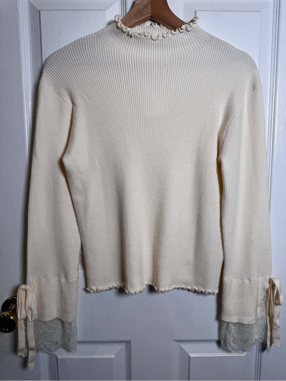 Altar’d State Cream Lace Cuff Ribbed Sweater Top Large NWT Coquette